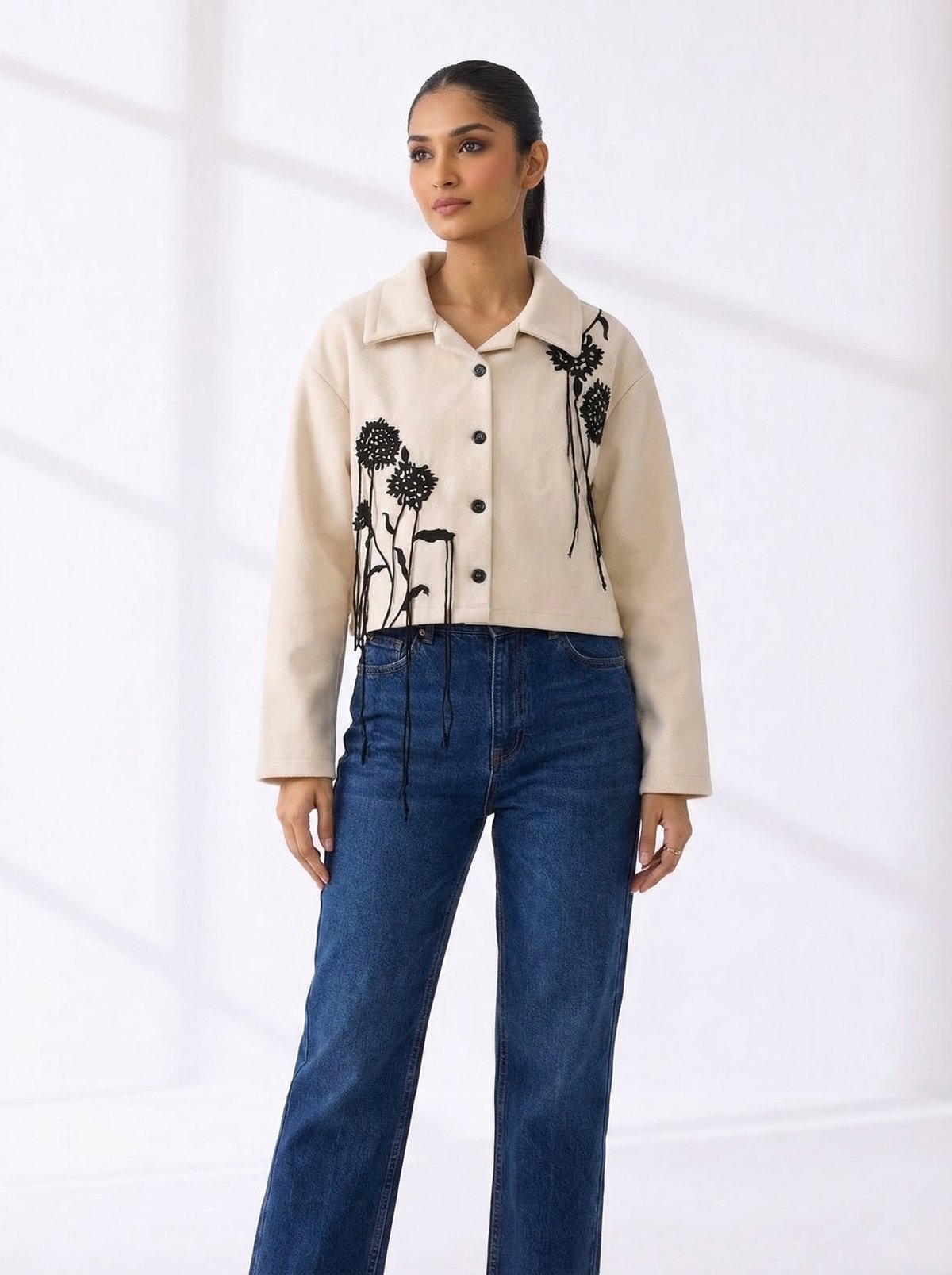 Beige Cropped Collared Jacket with Floral Applique