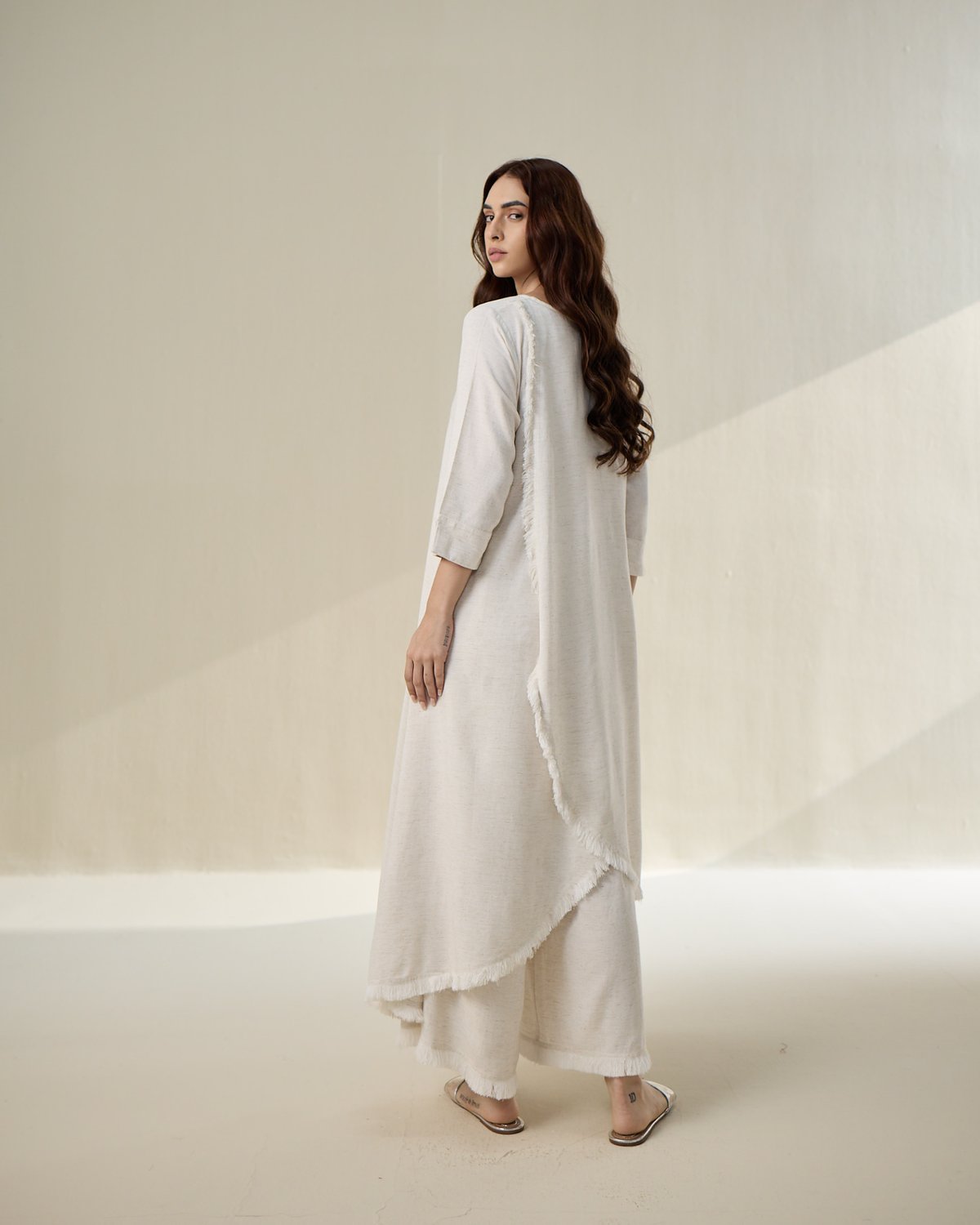 Natural Linen A-Line Kurta Set with Overlapped Back