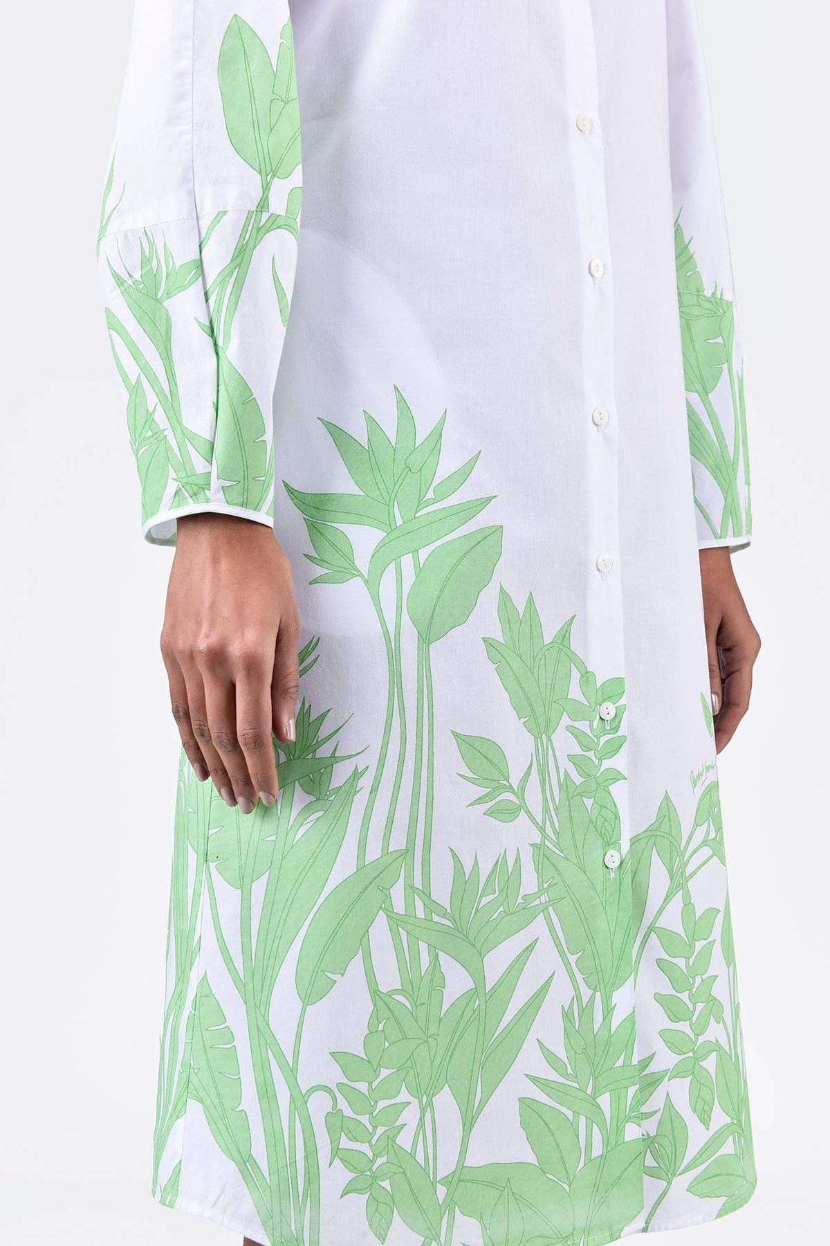 White Cotton Poplin Midi Shirt Dress with Tropical Print