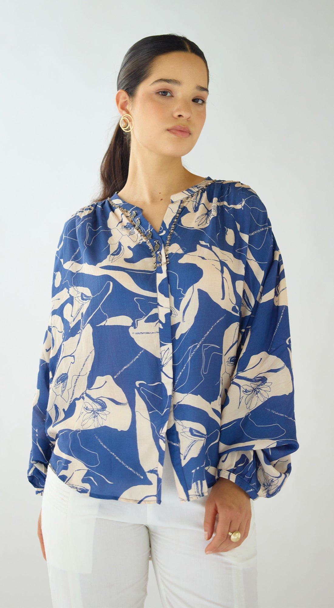 Blue Muslin Abstract Print Shirt with Neck Detail