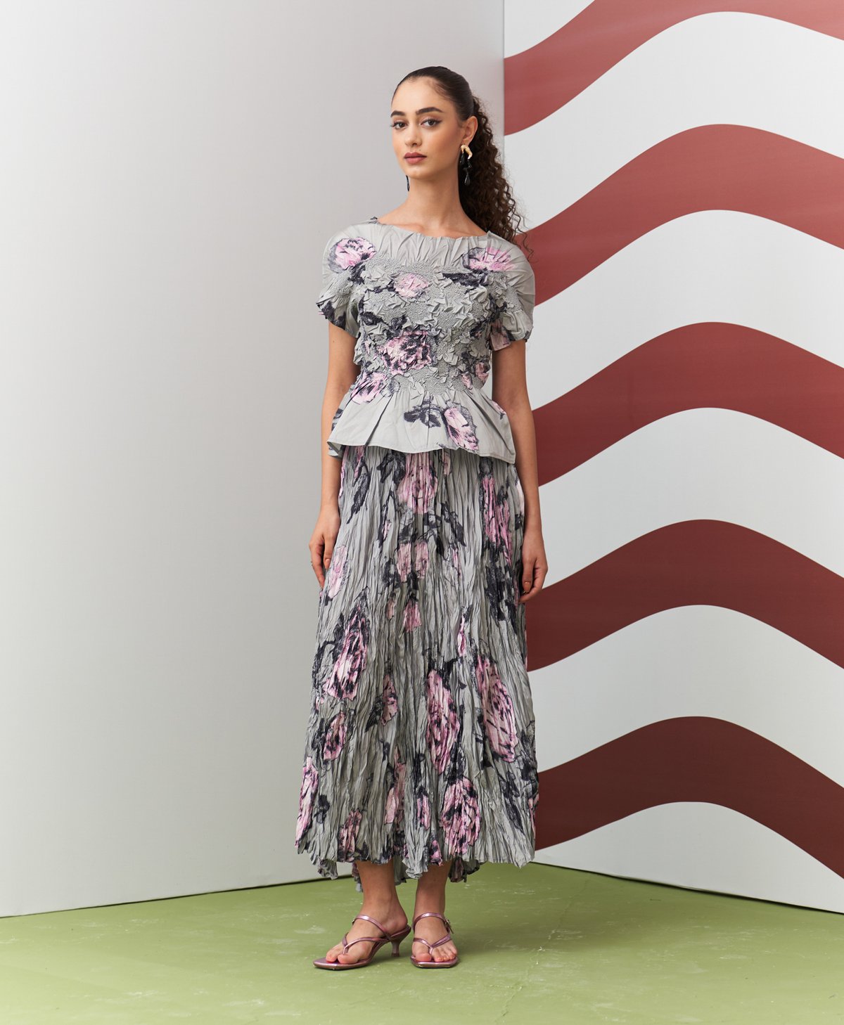 Grey Floral Printed Top and Pleated Maxi Skirt Co-ord Set