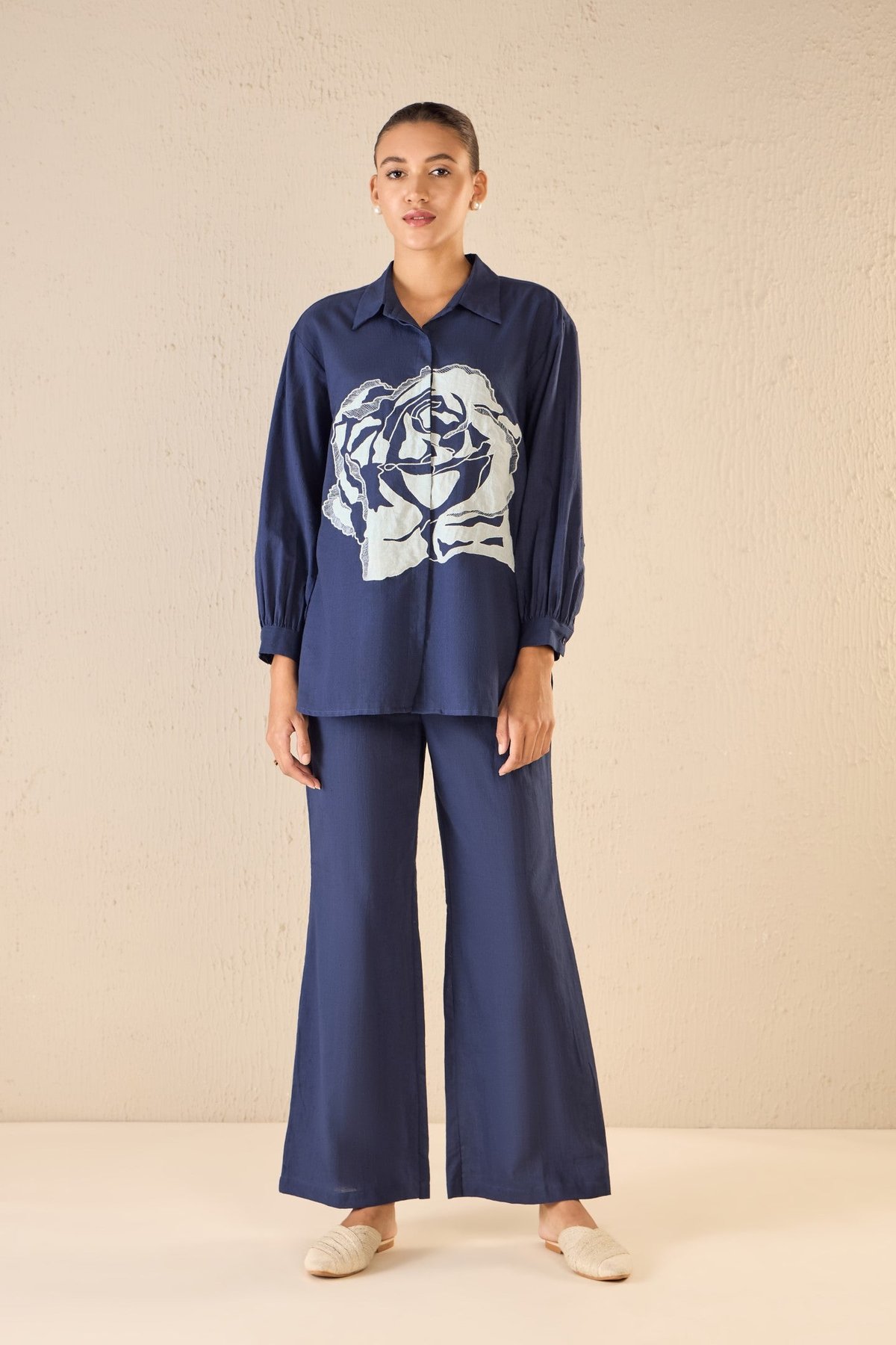 Rose Dream:Indigo Oversize Cotton Shirt Co-Ord Set