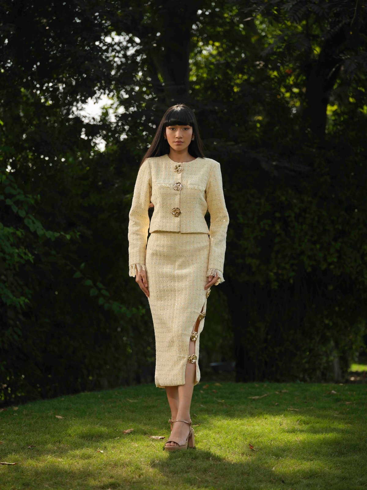 Butter Yellow Tweed Midi Pencil Skirt with Side Slit