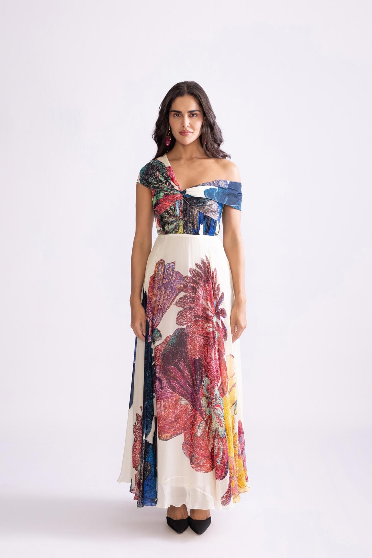 Multicolour Floral Chiffon One-Shoulder Maxi Dress