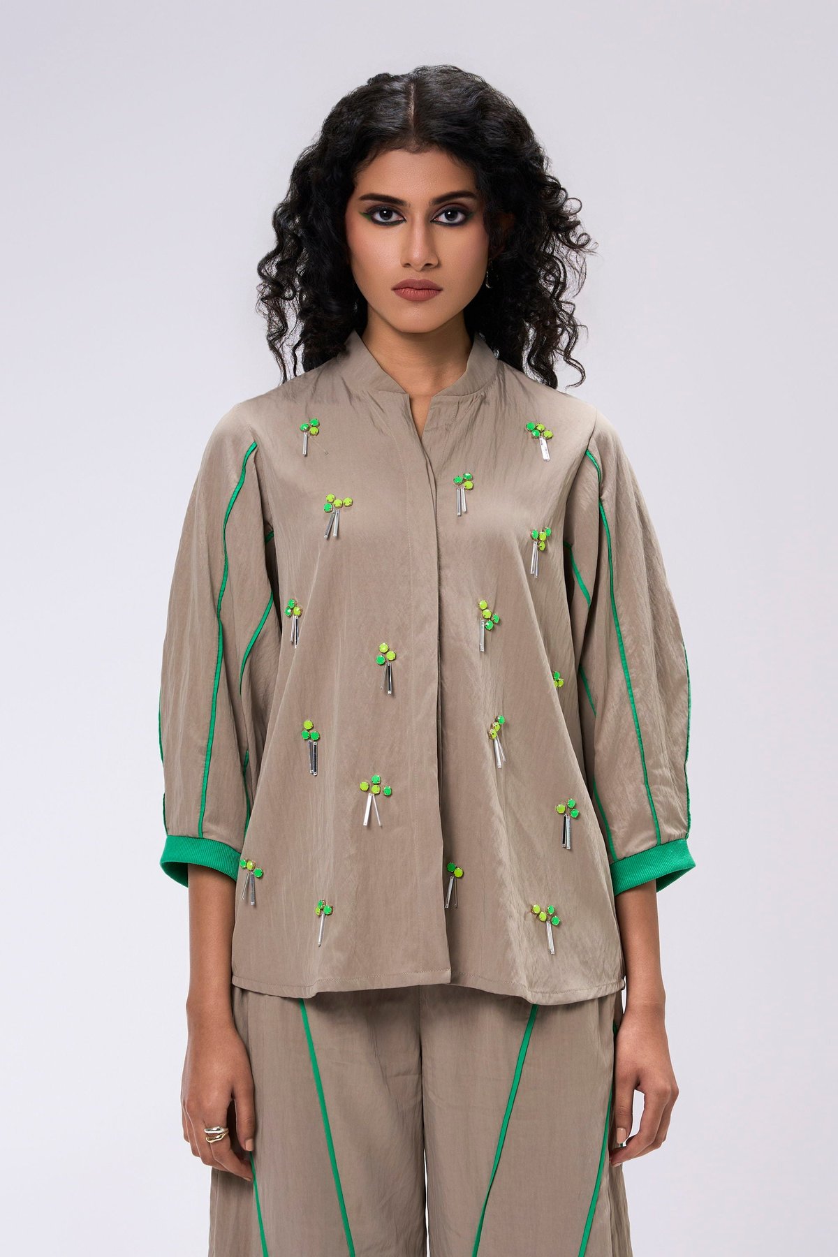 Taupe Mandarin Collar Shirt with Green Piping and Embellishment