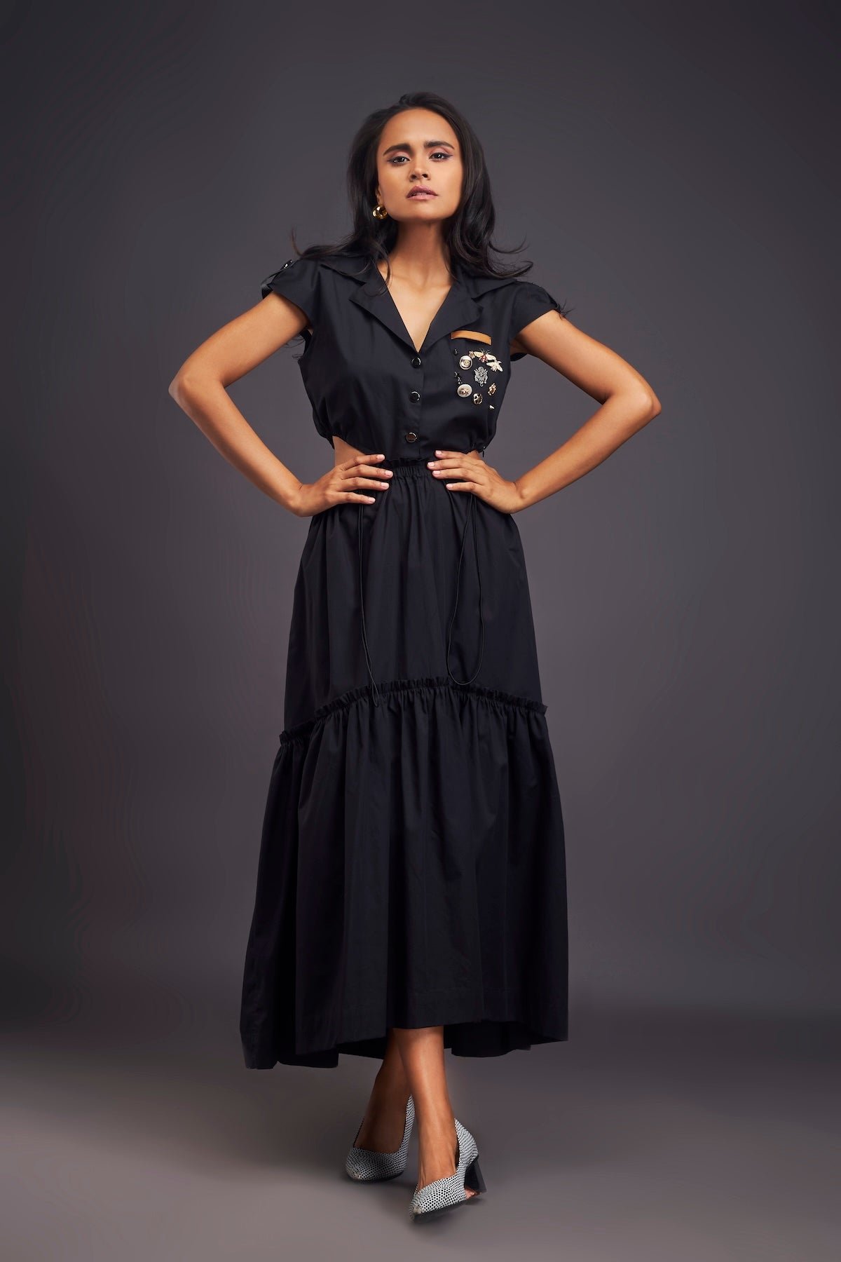 Black Lapel Collar Midi Dress with Side Cutouts