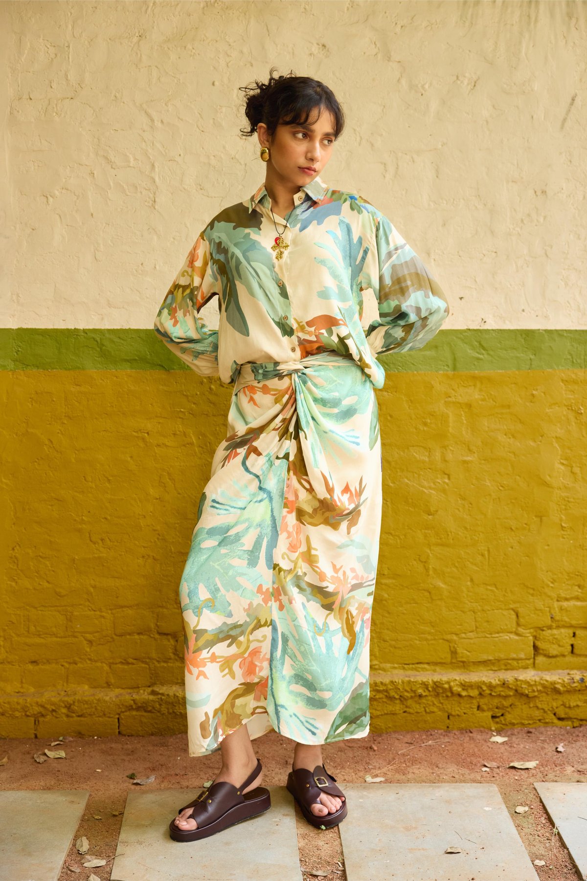 Multicolor Tropical Printed Shirt and Maxi Skirt Co-ord Set