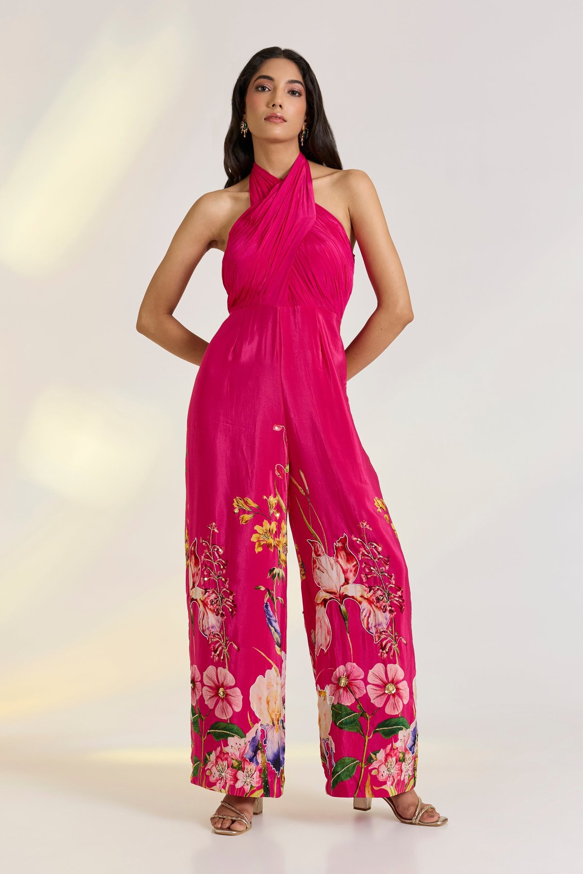 Pink Floral Halter-Neck Wide-Leg Jumpsuit