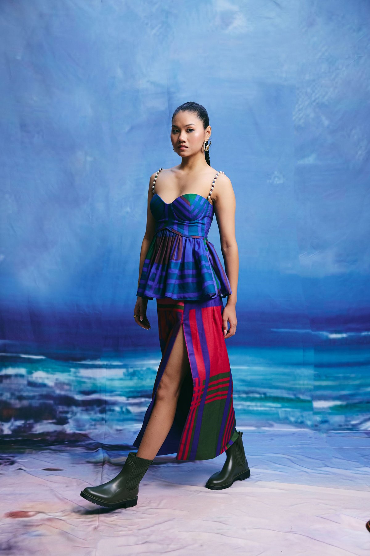 Multicolour Plaid Linen Maxi Skirt with Side Slit