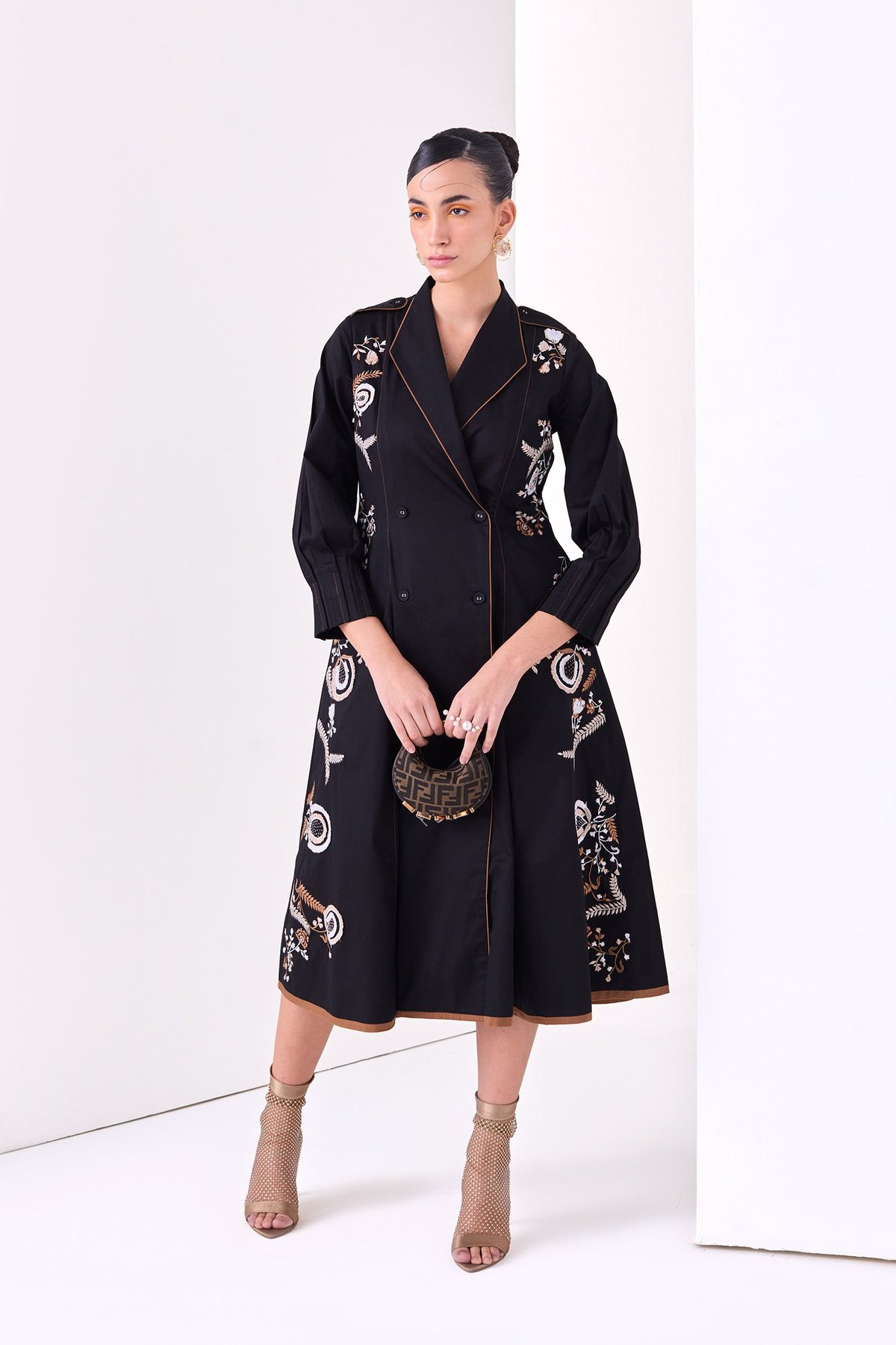 Black Cotton Satin Wrap-Trench Midi Dress with Embroidery