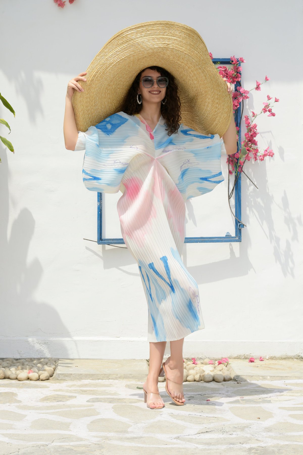 Colour Splash Pleated Kimono Sleeve Midi Dress