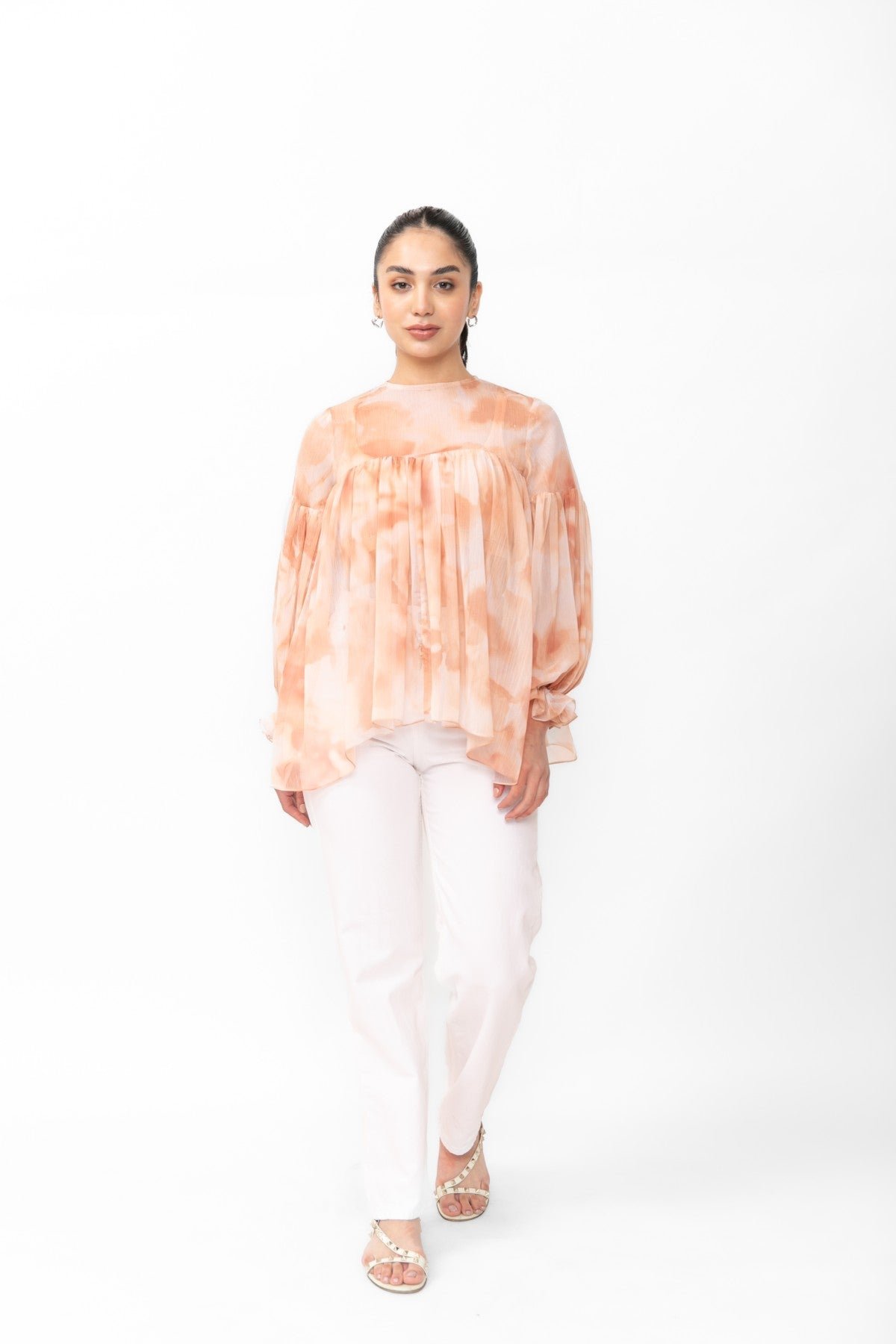 Peach Chiffon Floral Print Sheer Yoke Flowy Top