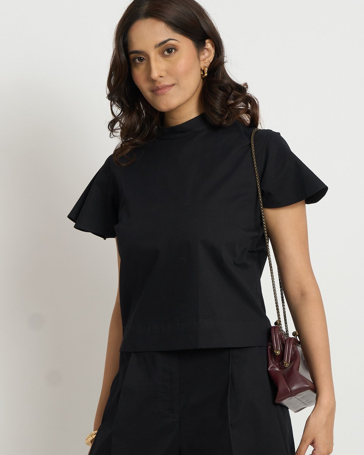Black Mock Neck Flutter Sleeve Cotton Top
