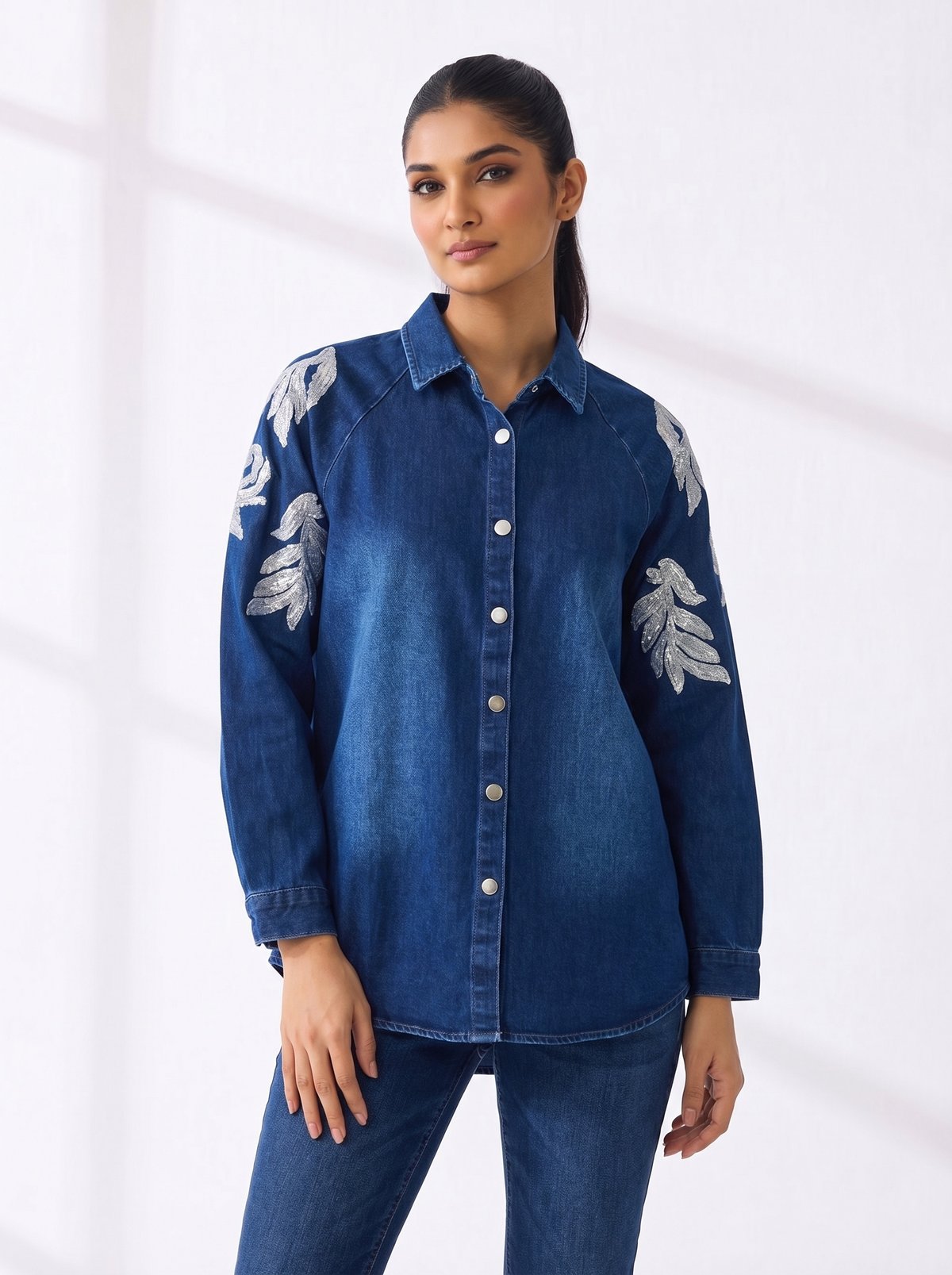 Blue Denim Button-Down Shirt with Silver Sleeve Appliqué