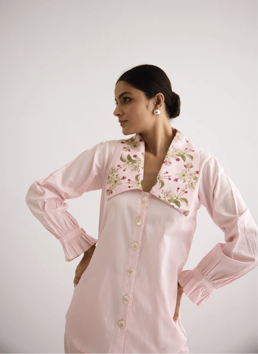Pink Cotton Satin Shirt with Floral Statement Collar