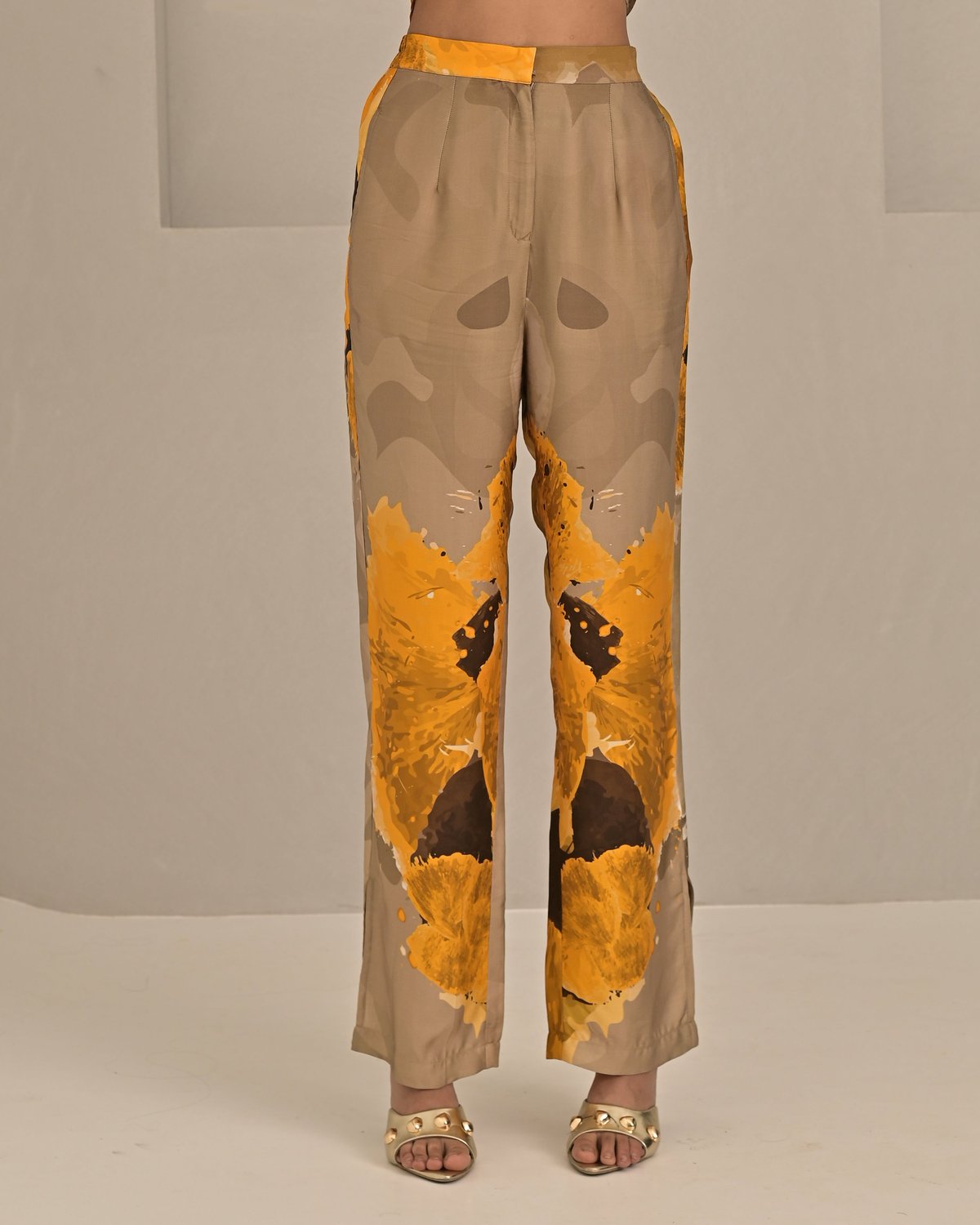 Yellow Beige Abstract Printed High-Waist Straight-Leg Pants