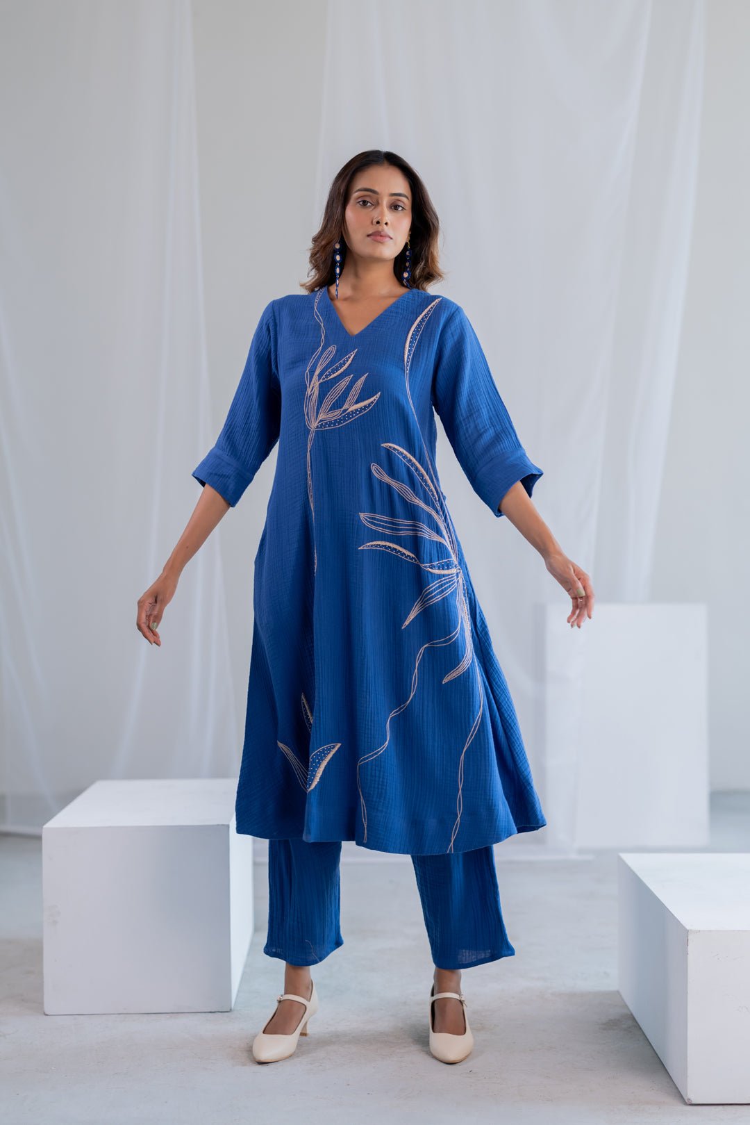 Cobalt Ecru Foliage Kurta Co-Ord