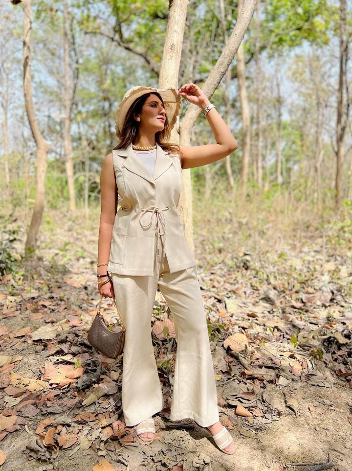Beige Tailored Vest and Wide-Leg Pants Co-ord Set