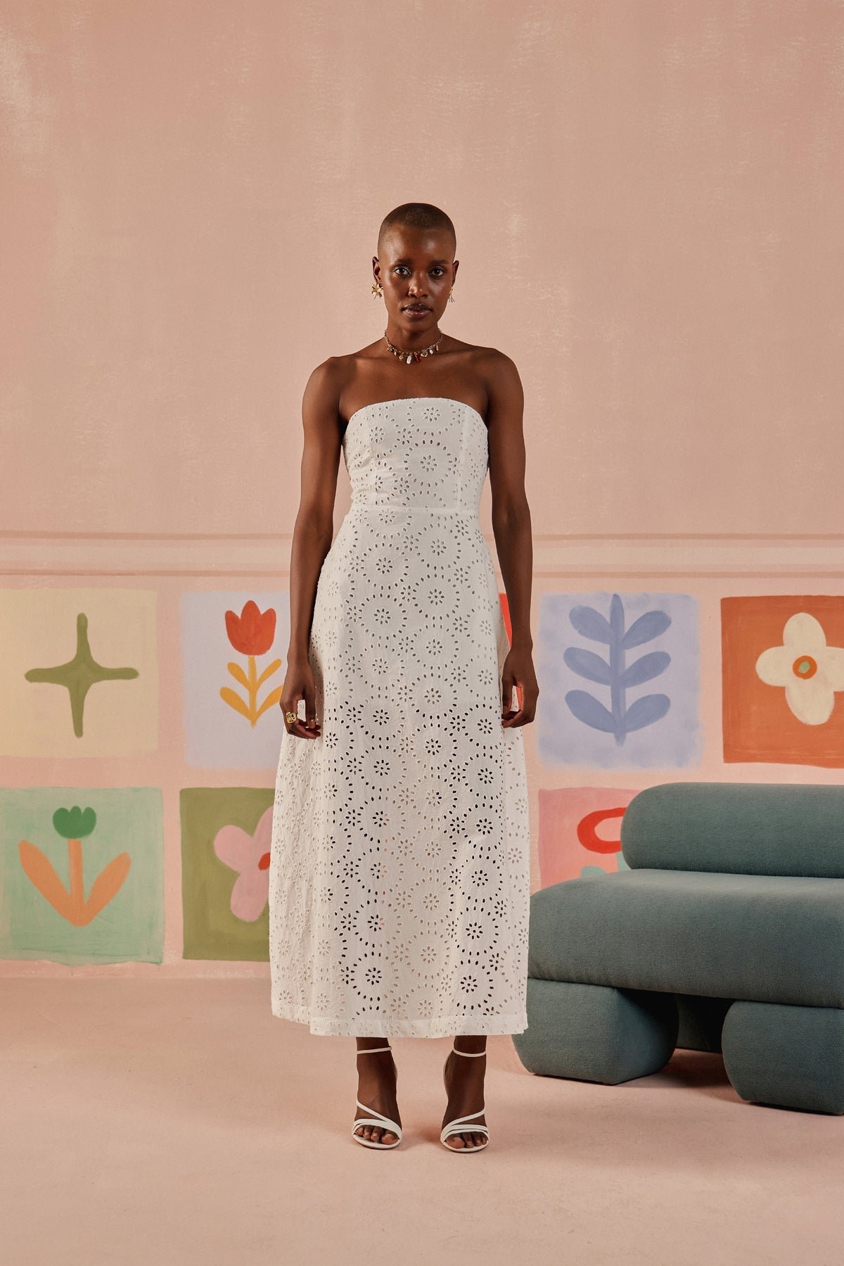 White Strapless Broderie Anglaise Midi Dress