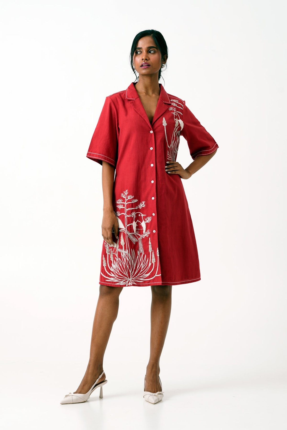 Red Embroidered Knee-Length Shirt Dress