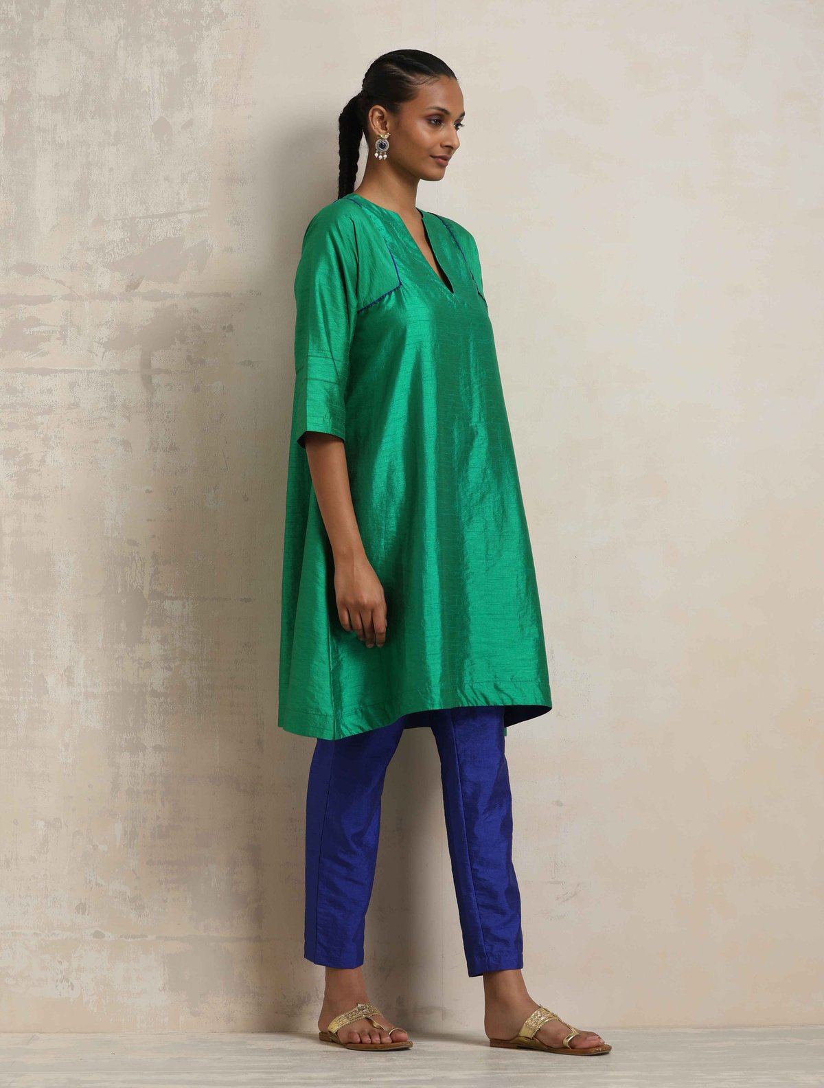 Green Kurta and Blue Pants Silk Blend Co-ord Set