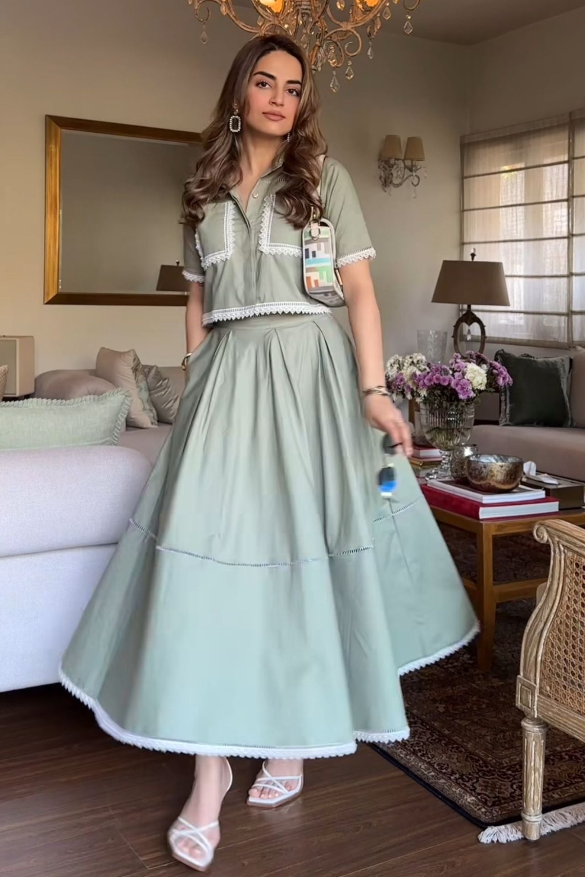 Mint Green Cotton Shirt and Flared Midi Skirt Co-ord Set