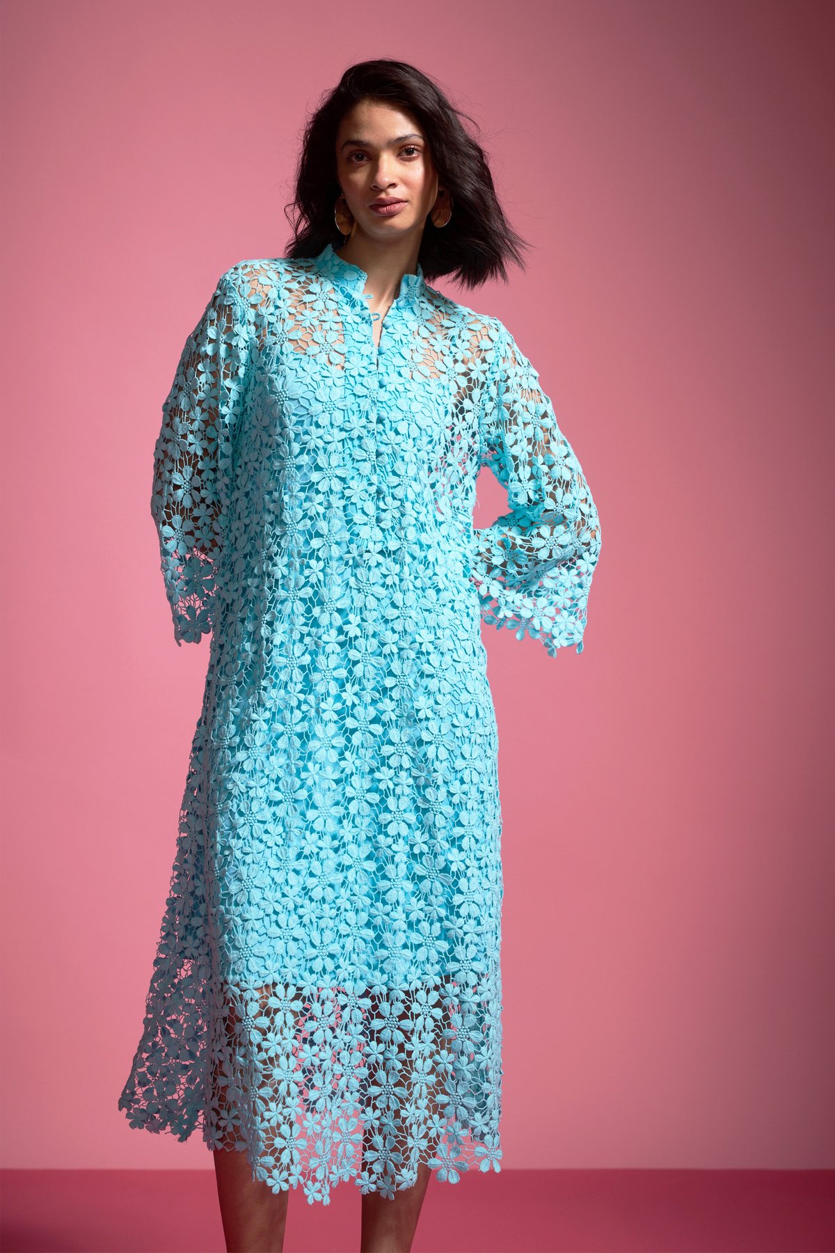 Powder Blue Floral Lace Midi Dress with Slip