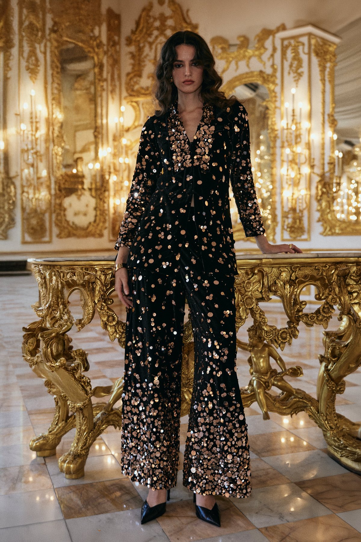 Black Velvet Paillette Blazer and Wide-Leg Pant Co-ord Set