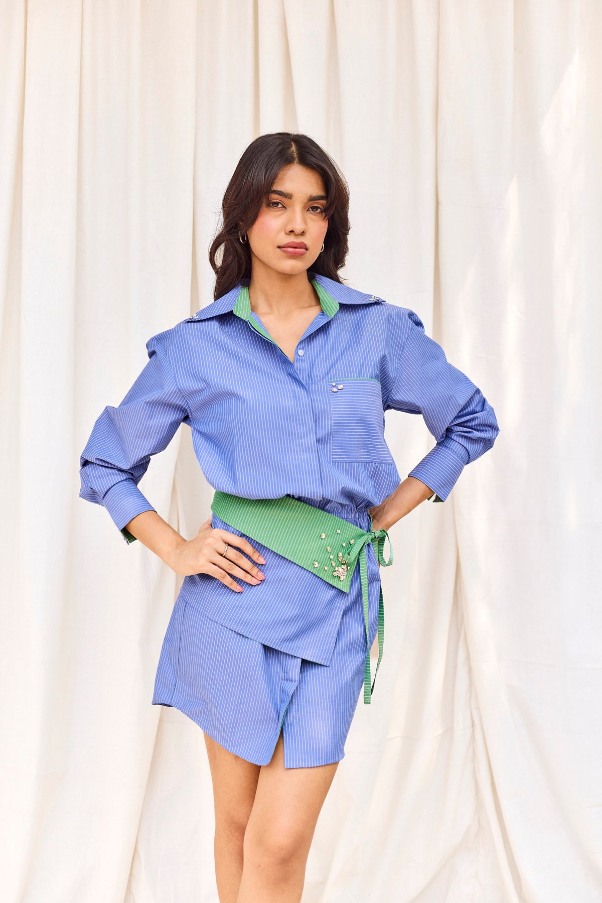 Blue Striped Hand Embroidered Short Dress With Belt