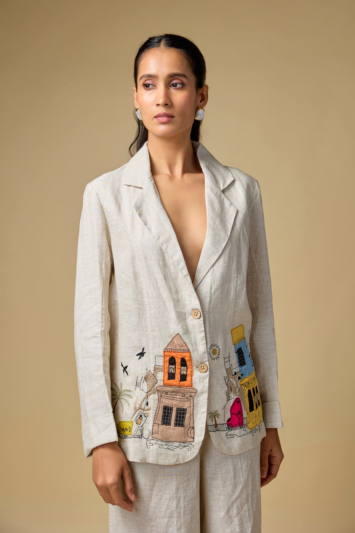 Beige Linen Blazer with Illustrated Placement Artwork