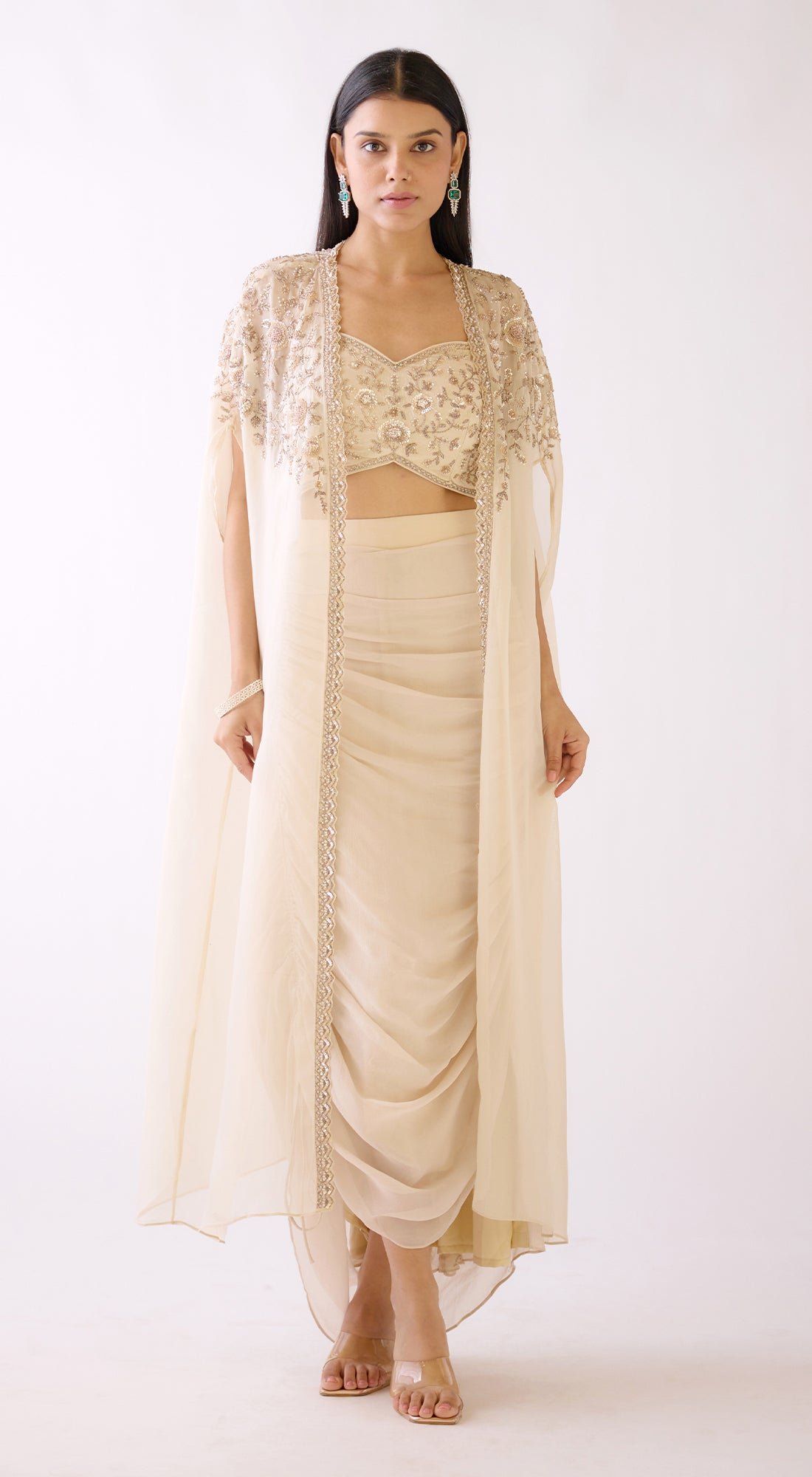 Ivory Embroidered Cape Co-ord Set with Draped Maxi Skirt