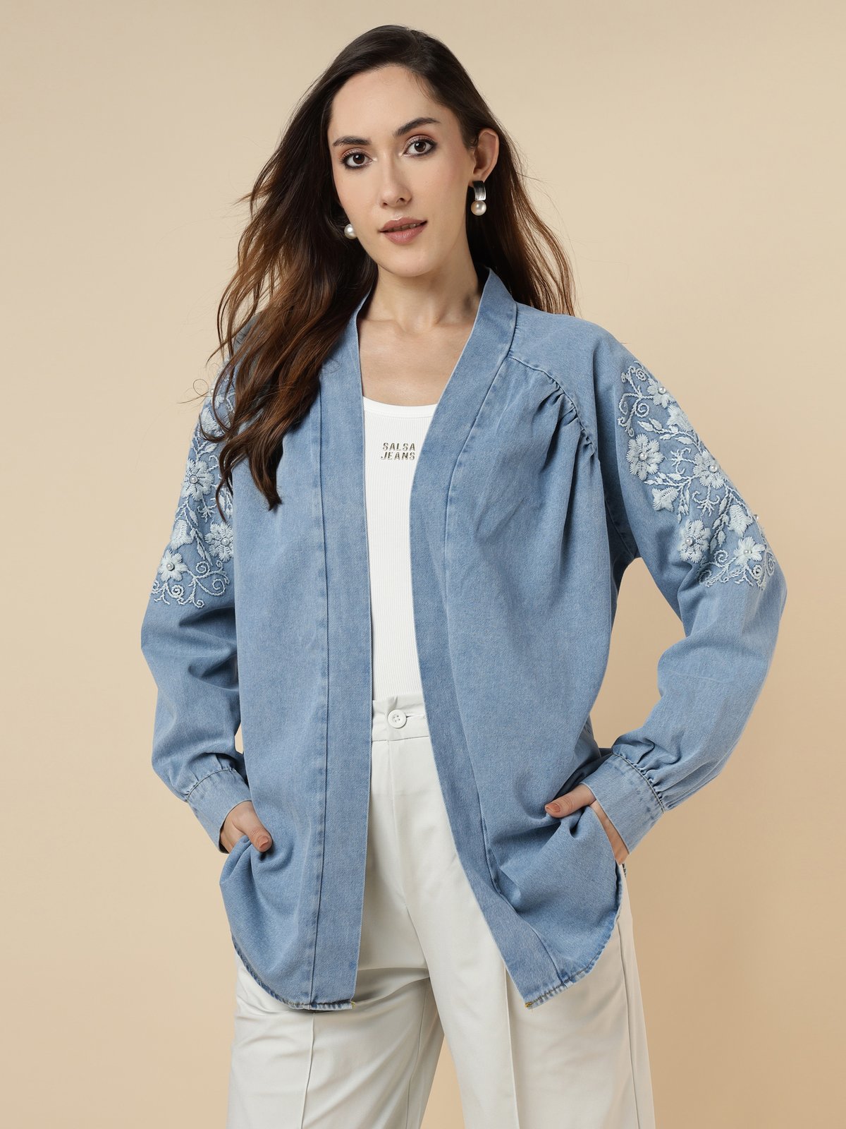 Light Blue Denim-Look Embroidered Longline Jacket