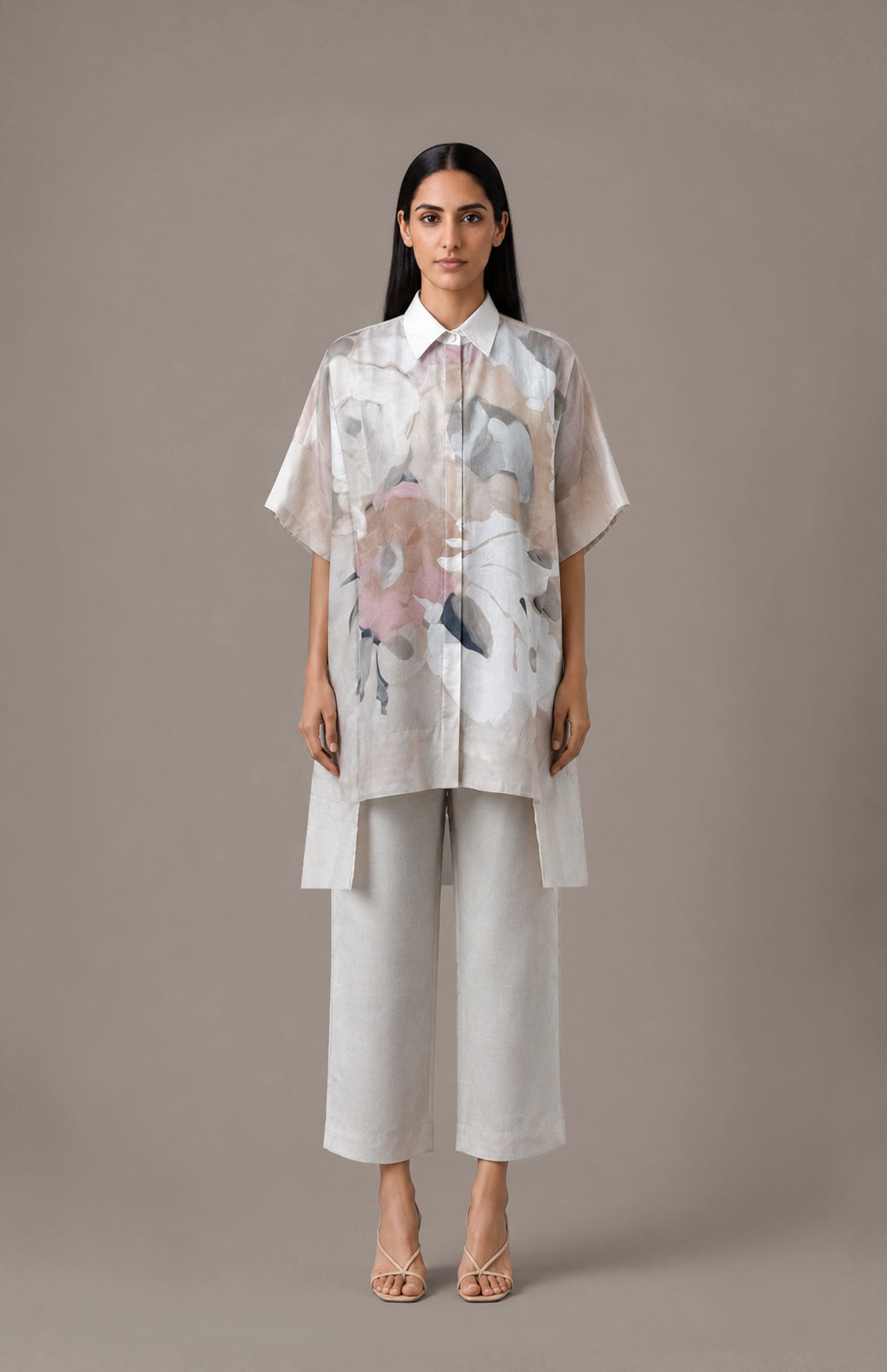 White/Beige Abstract Longline Shirt and Pant Co-ord Set