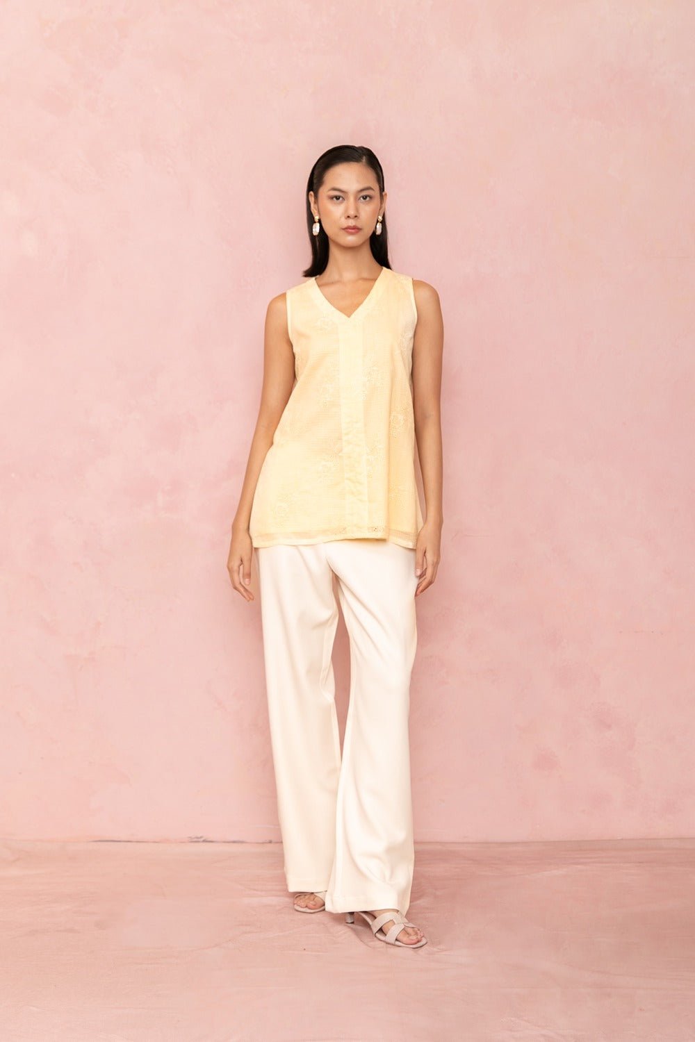 Yellow Sheer Kota Sleeveless V-Neck Embroidered Top