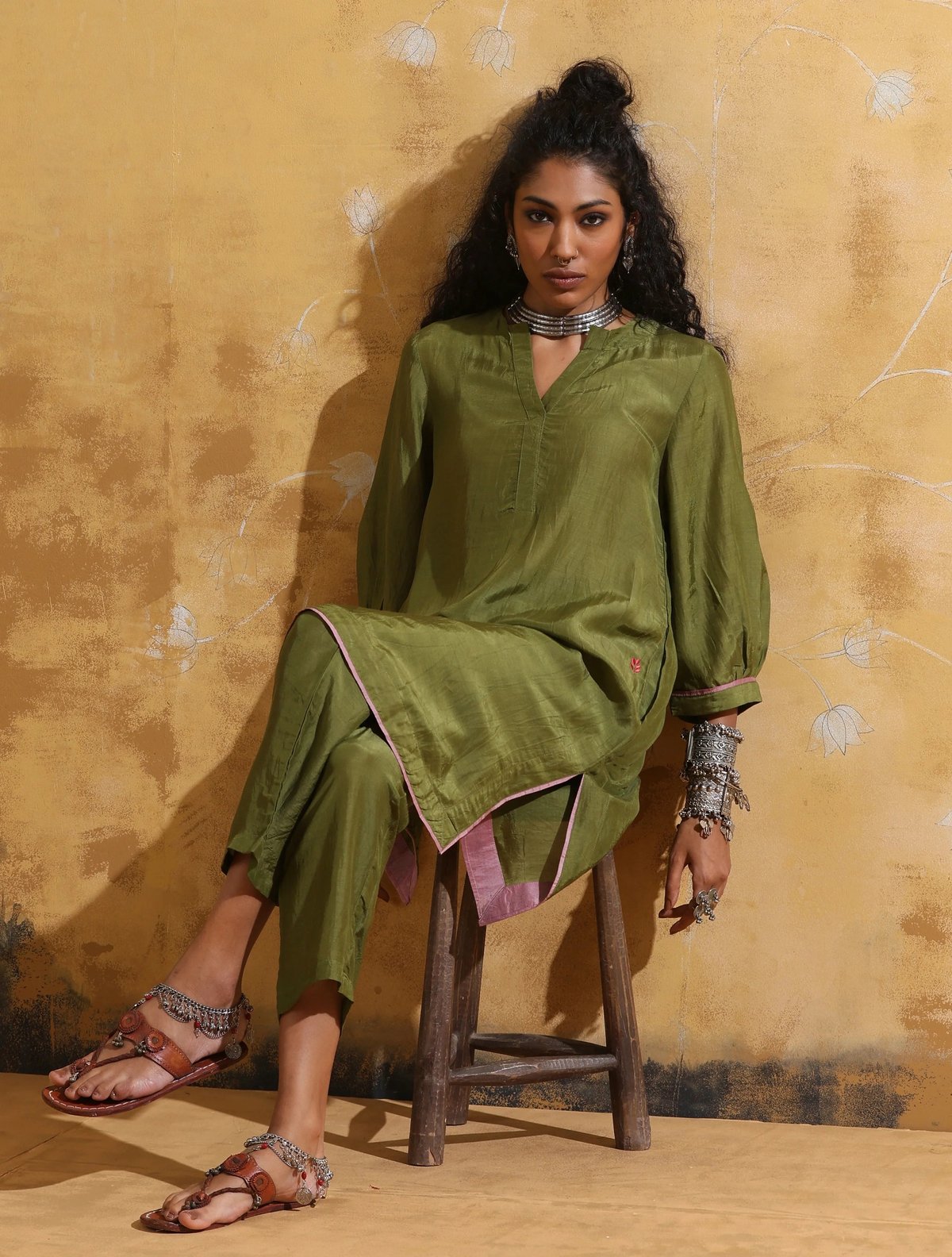Green Muslin Silk Kurta and Pants Co-ord Set