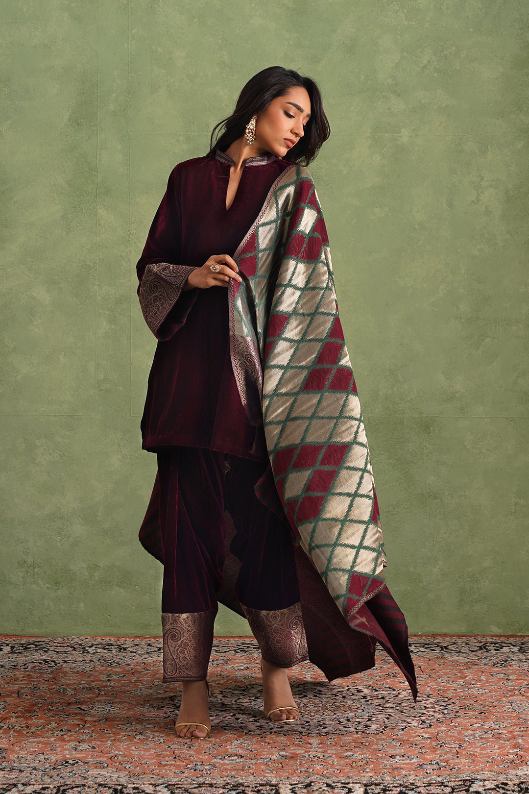 Wine Velvet Straight Kurta Set with Ikkat Woven Dupatta