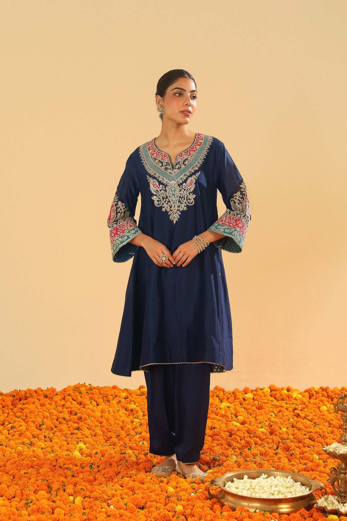 Dark Blue Embroidered Kalidaar Kurta Set with Salwar