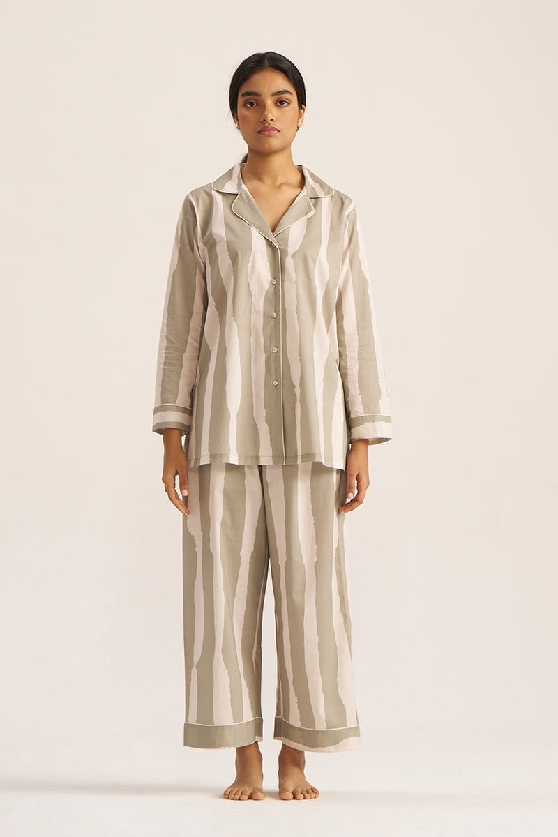 Moss Grey and Ivory Striped Cotton Nightwear Co-ord Set
