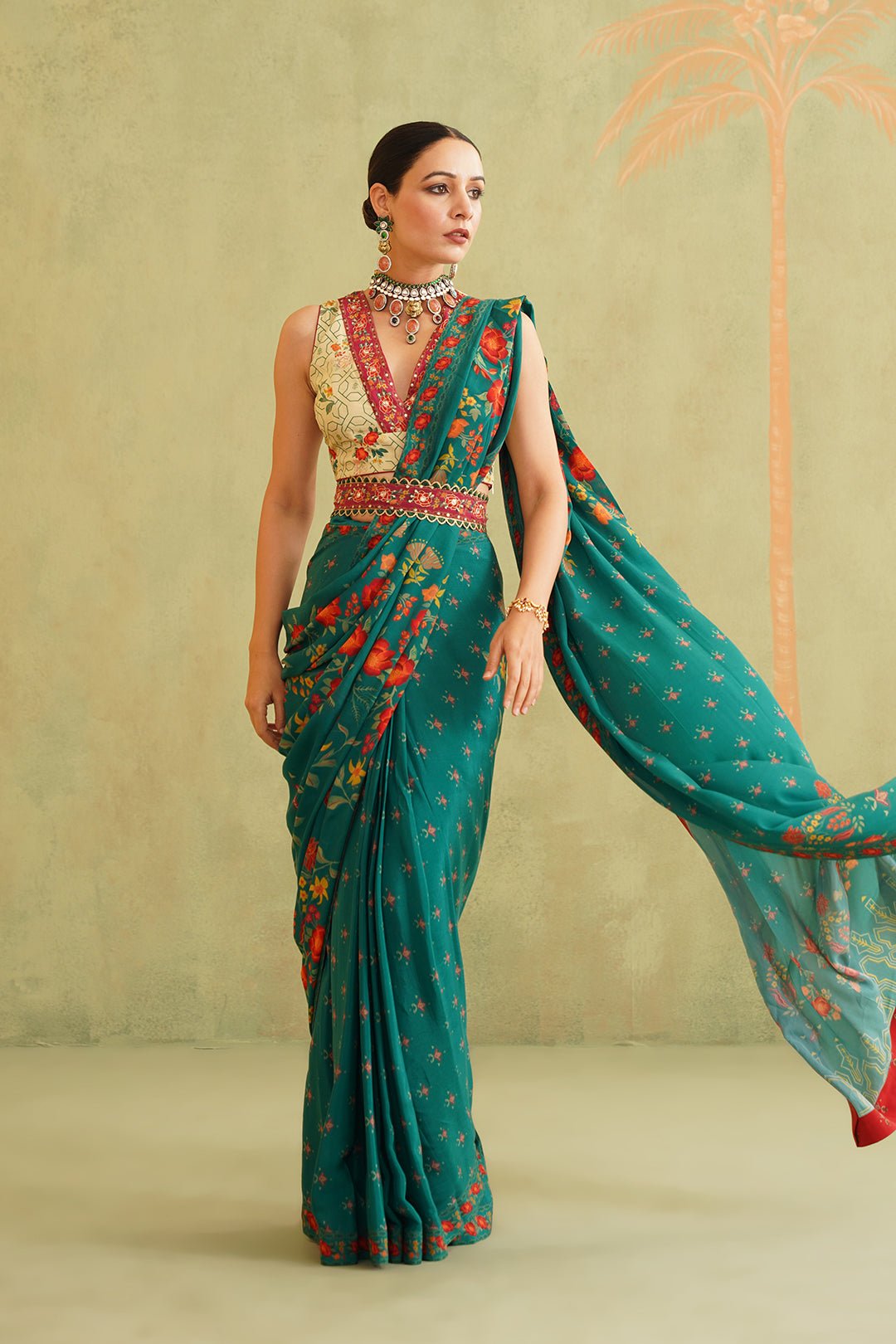 Green and Cream Pre-Draped Bemberg Crepe Saree Set