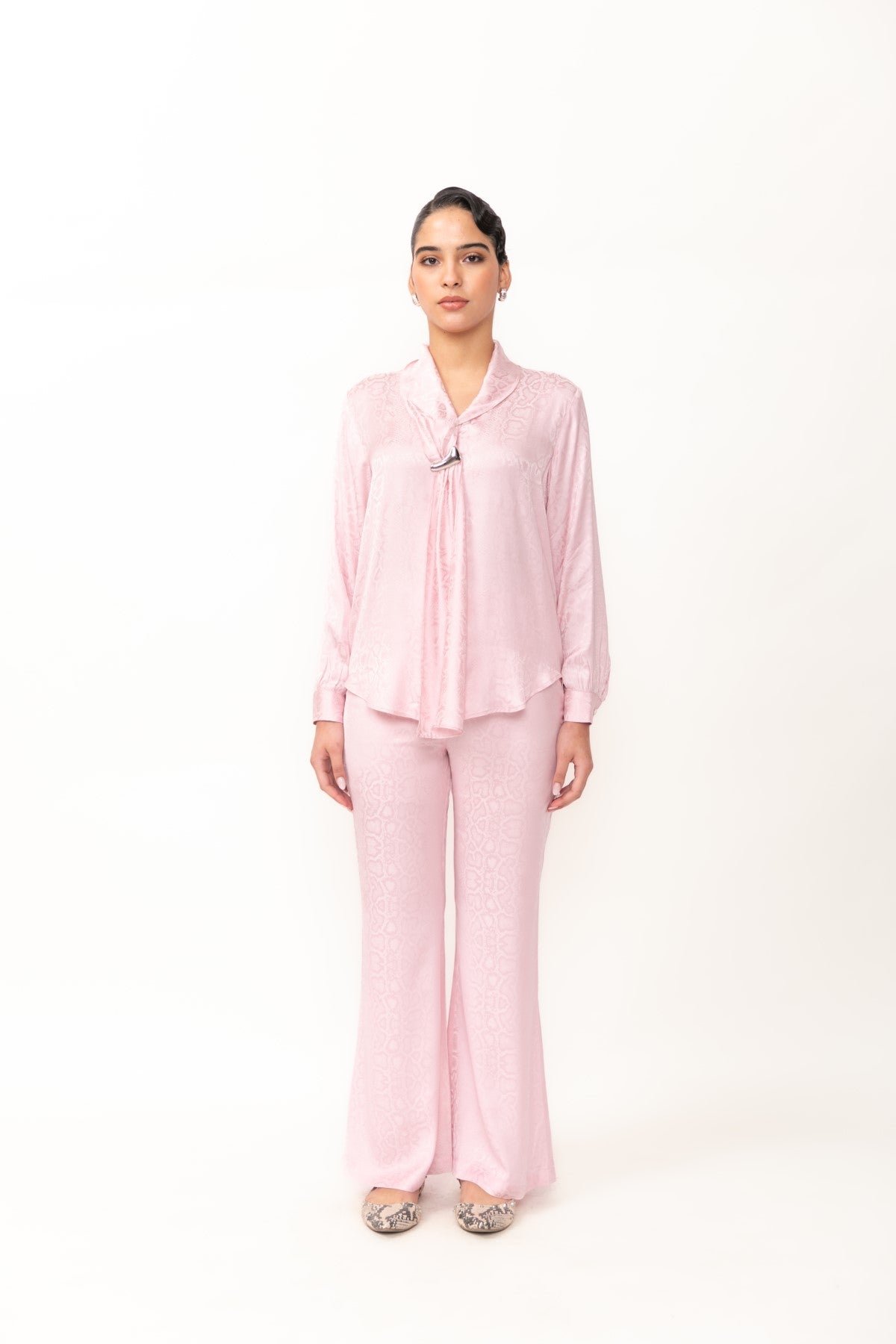 Pink Jacquard Shirt and Bell Bottom Pants Co-ord Set