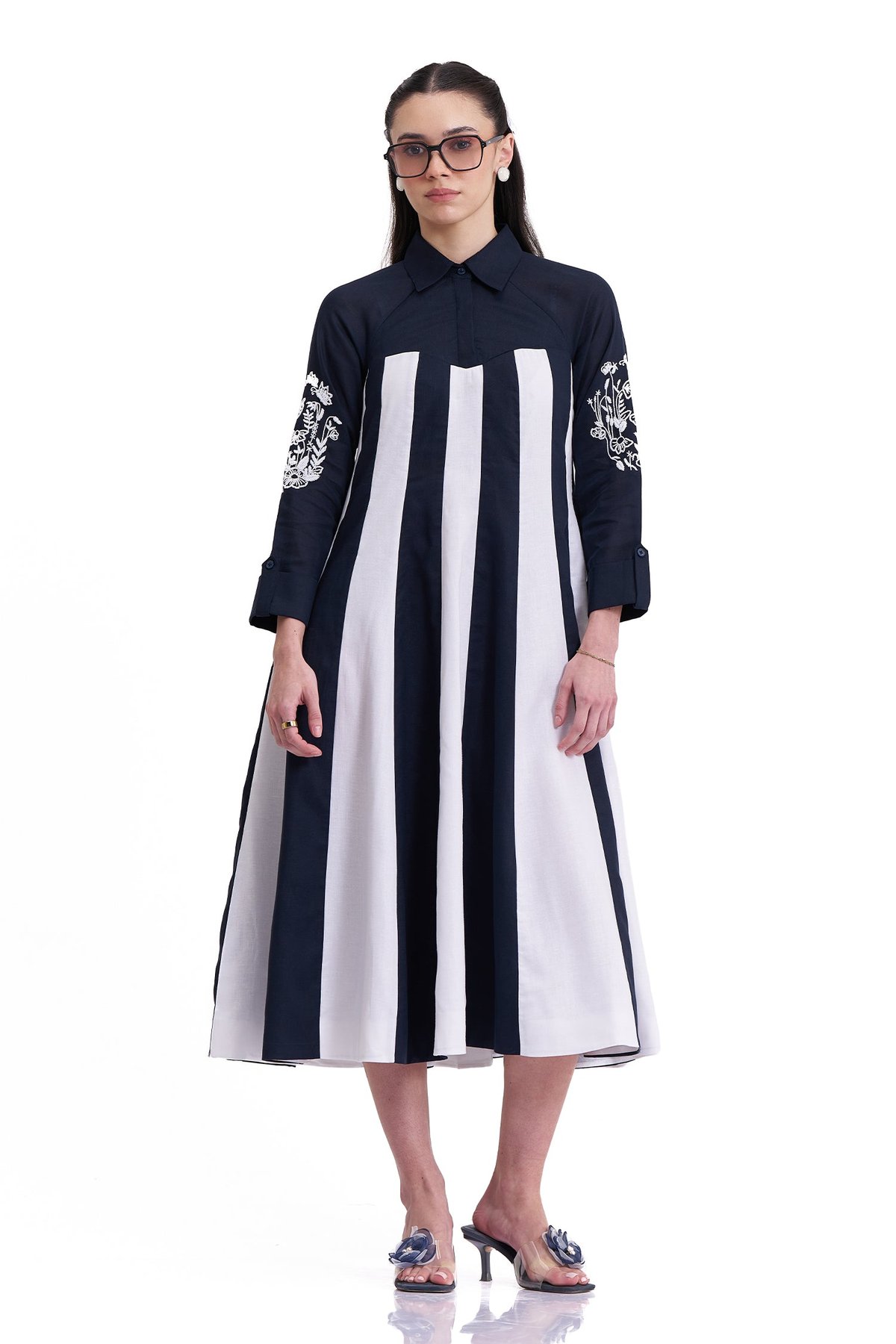 Navy and White Colorblocked Collared Midi Dress