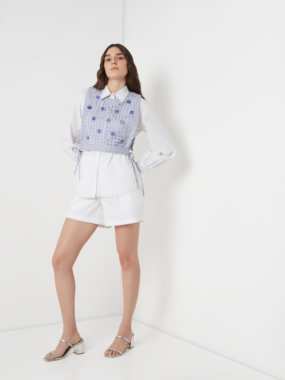 Blue/White Collared Shirt with Striped Bib Overlay