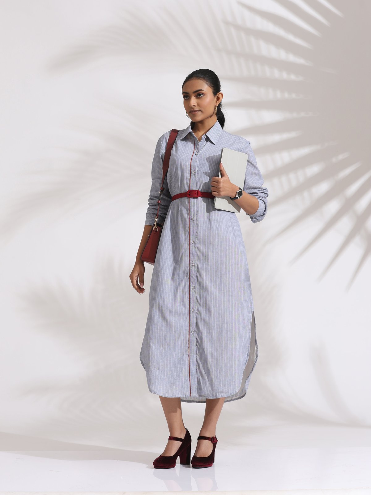 Grey Striped Cotton Midi Shirt Dress with Button-Down Front