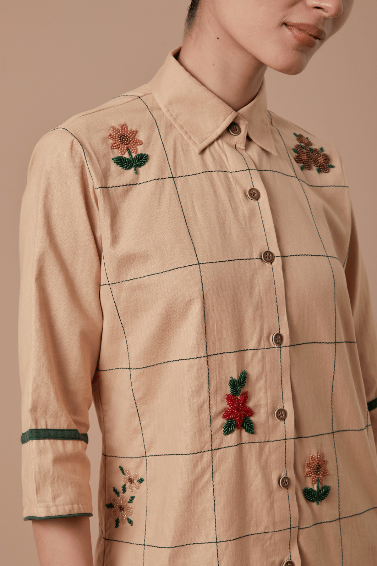 Beige Hemp Cotton Checked Shirt with Floral Beadwork