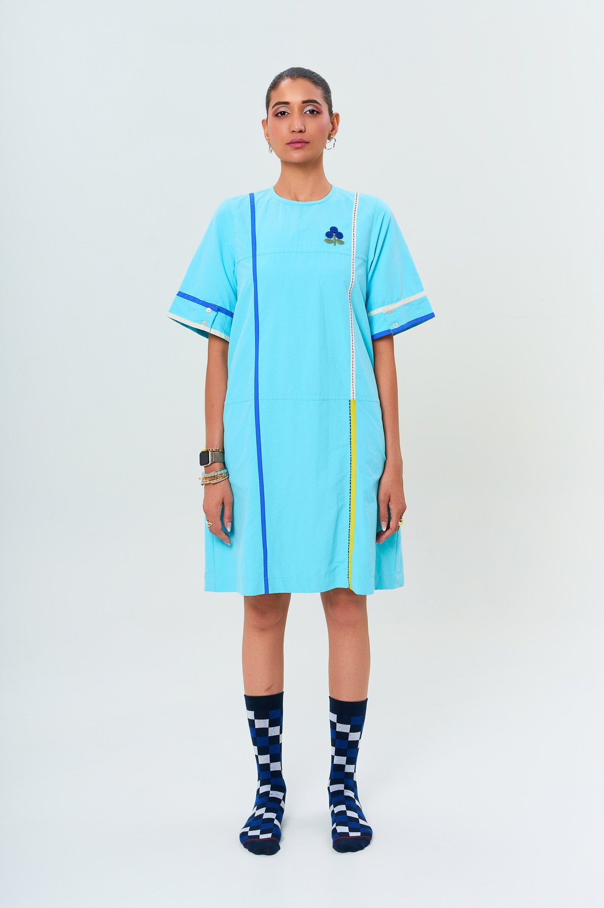 Aqua Blue Cotton Shift Dress with Contrast Stitch Detail