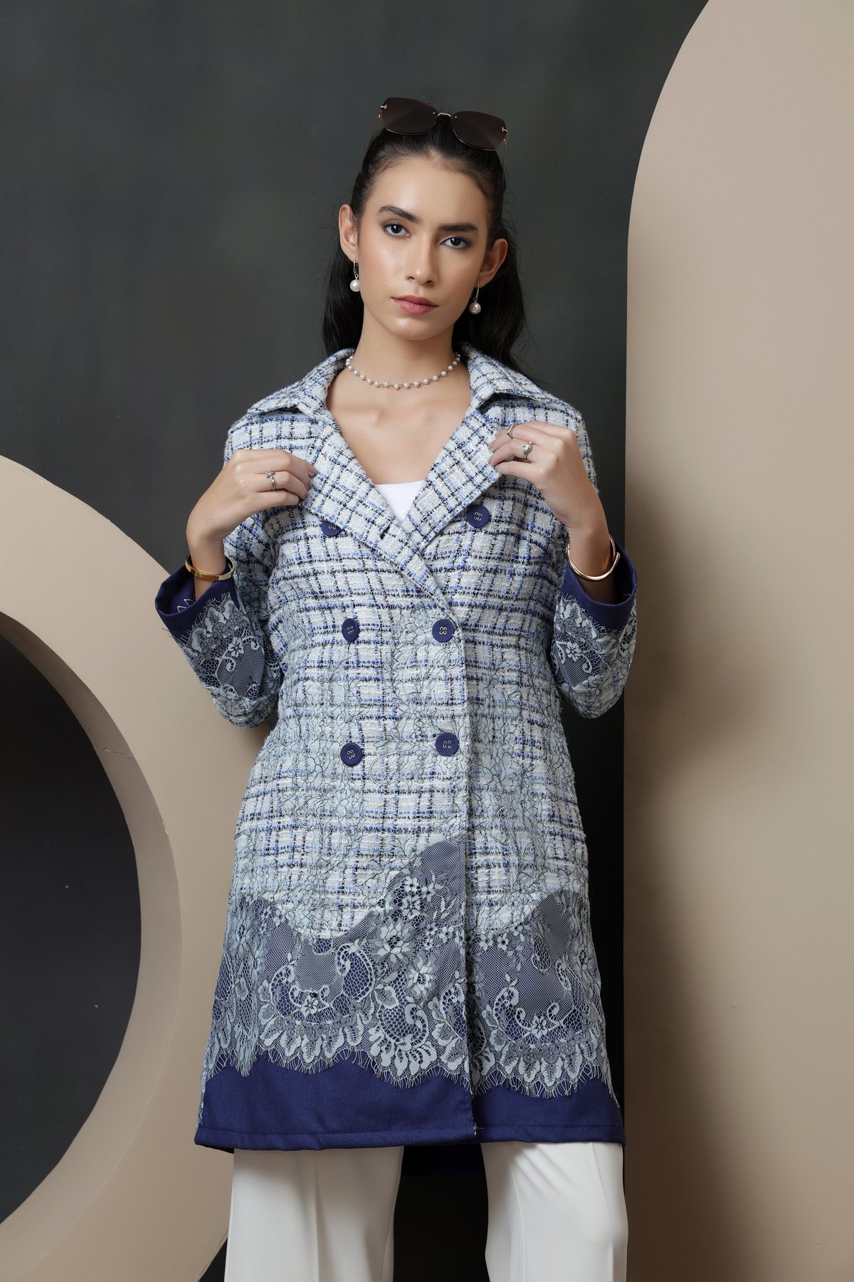 Blue Checked Longline Double-Breasted Lace Jacket