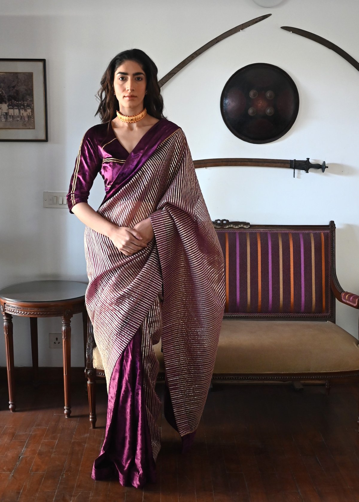 Chanda Saree In Beige Cc Gota And Red Velvet