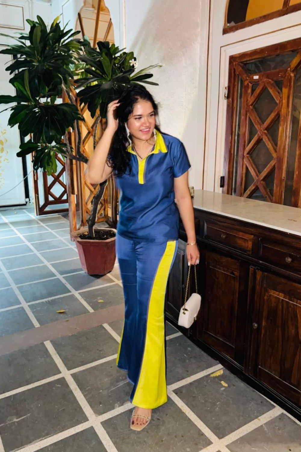 Blue/Neon Colorblock Polo Top and Flared Pants Co-ord Set