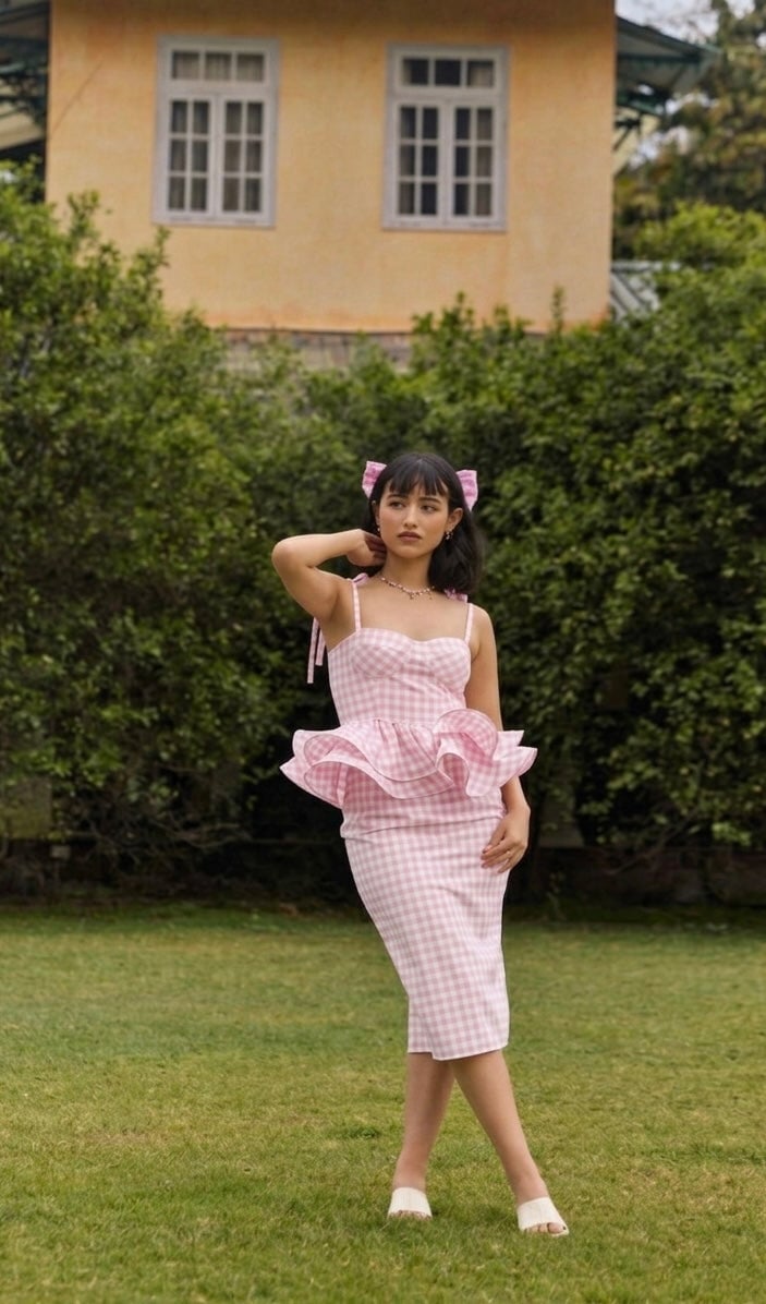 Pink Gingham Midi Skirt