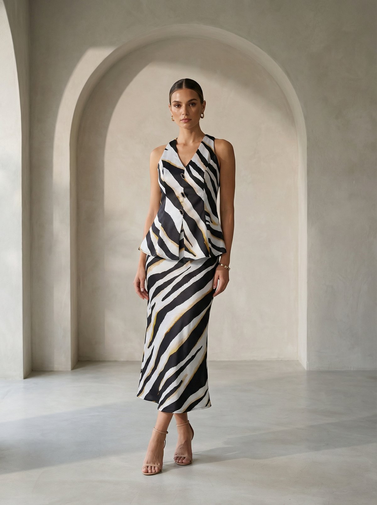 Black/White Abstract Printed High-Waist Midi Skirt